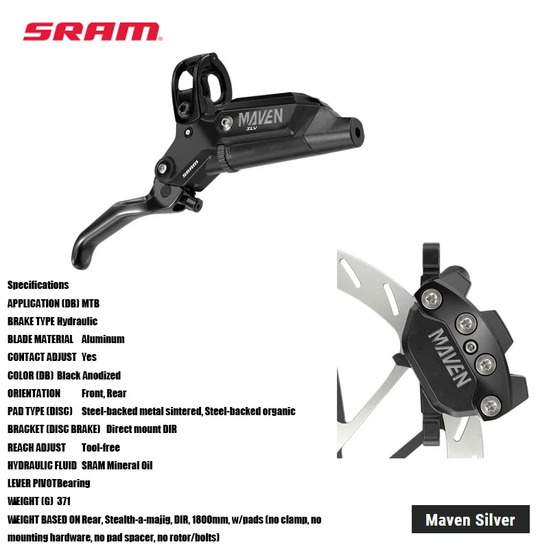 SRAM Maven Silver Hydraulic brake Swinglink for signature SRAM lever feel 18 and 19.5-millimeter pistons for best-in-class power