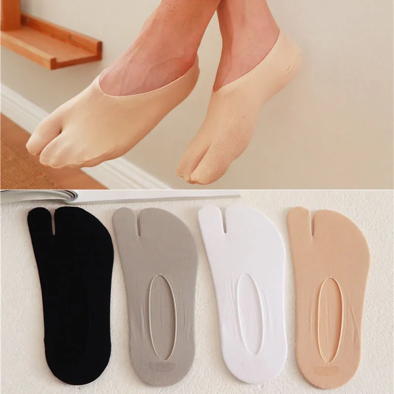 5 Pairs Invisible Two Toe Tabi Socks for Men Women Short Summer  Breathable Silk Socks No Show Anti-Slip Solid Black White Socks