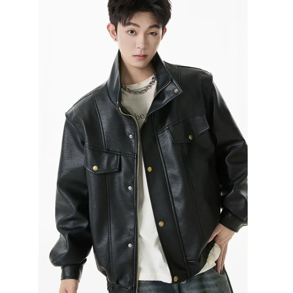 Nouvelle veste en cuir à revers pour homme, coupe ample, style décontracté américain, style utilitai