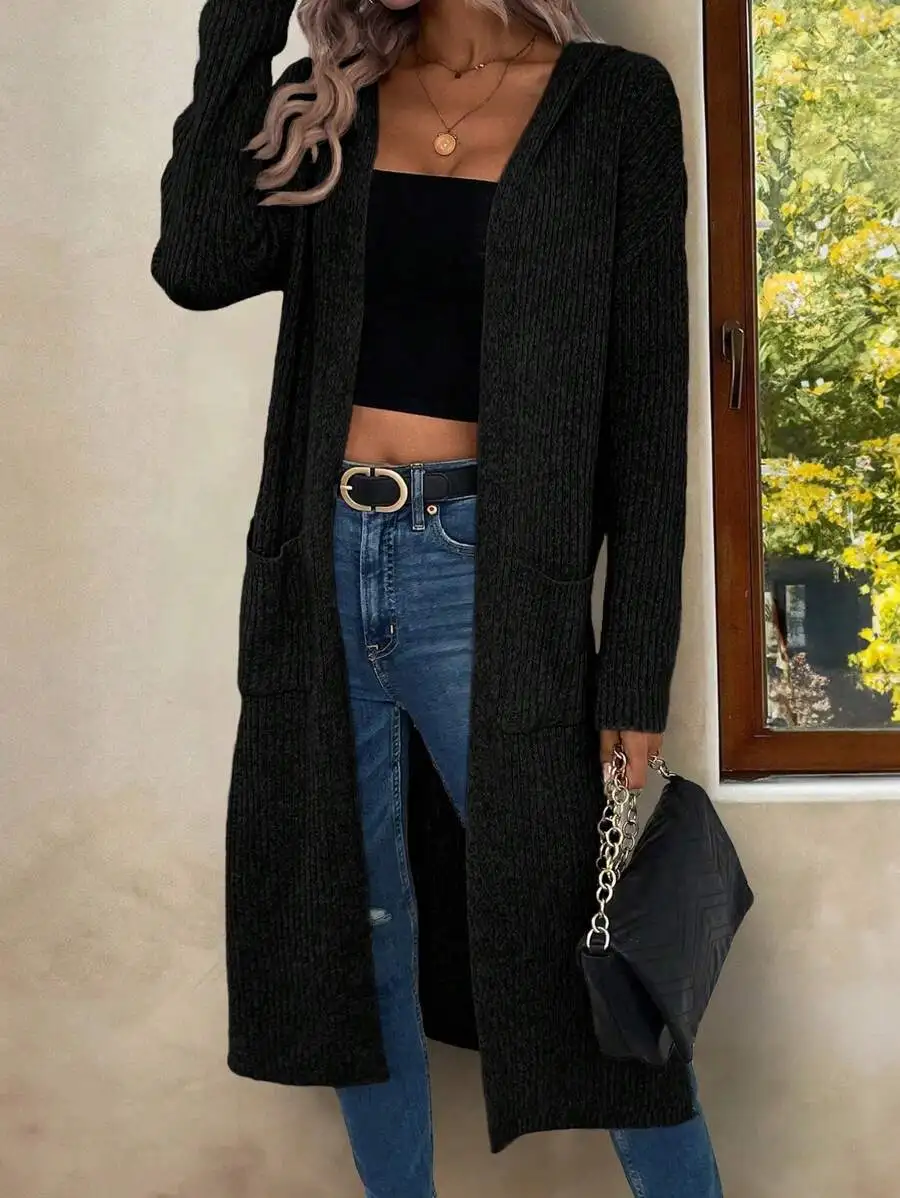 듀얼 포켓 스플릿 헴 후드 더스터 가디건, 긴 소매 탑 가을 겨울 여성용 의류