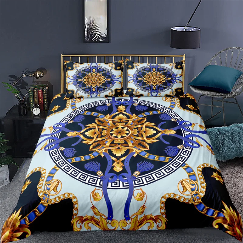 Luxury 3D Golden Baroque Style Print 3Pcs Kids Bedding Set Comfortable Duvet Cover Pillowcase Home Textile Queen and King Size