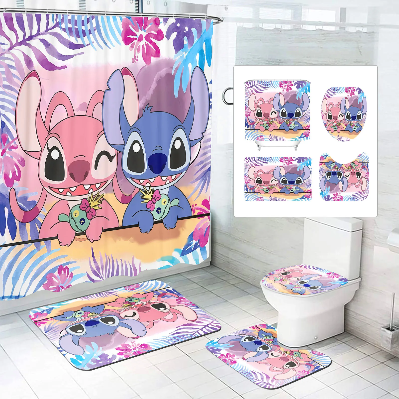 Disney Stitch Shower Bath Mats, Kawaii Bathroom, Cartoon, Great Gift for Kids, Cute Polyester Curtain, Full Luxury Set, 4 Pcs