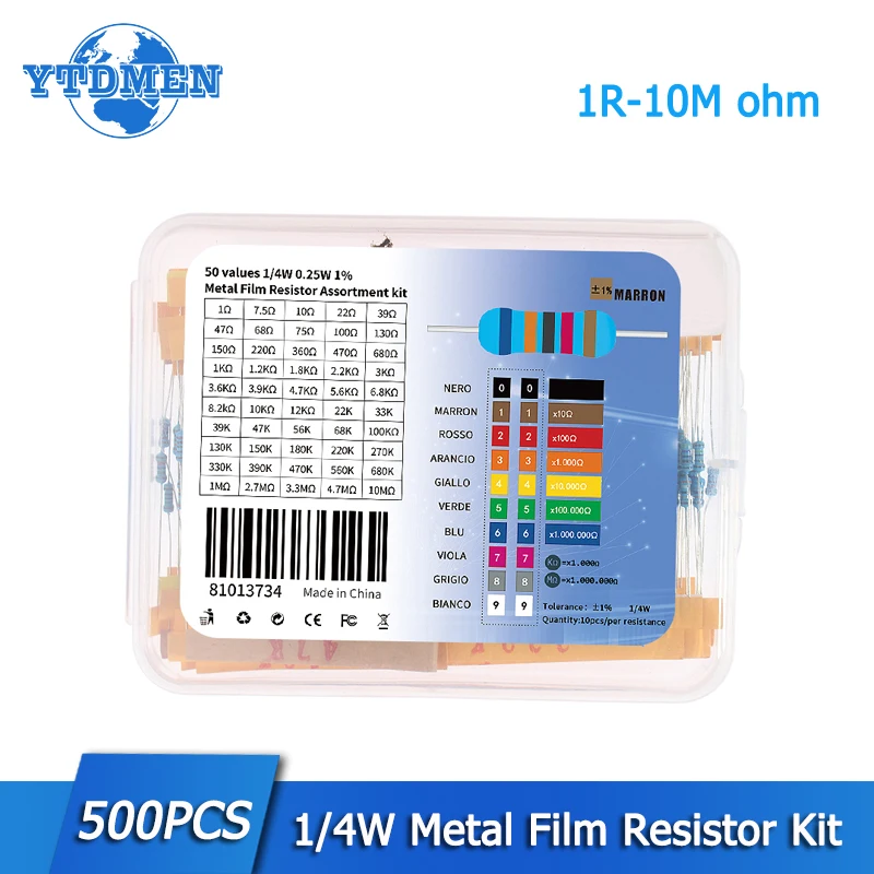 500/2500 szt. Rezystor z folii metalowej Zestaw różnych zestawów 1/4 W 1% 1R ~ 10 M omów Rezystancja Diy Zestaw elektroniczny