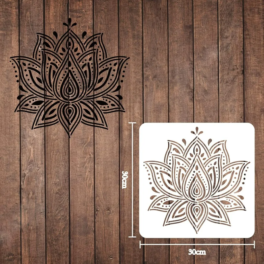 Mandala Lotus Stencils Decoration Template 11.8x11.8 inch Plastic Large Lotus Drawing Painting Stencils Square Reusable Stencils