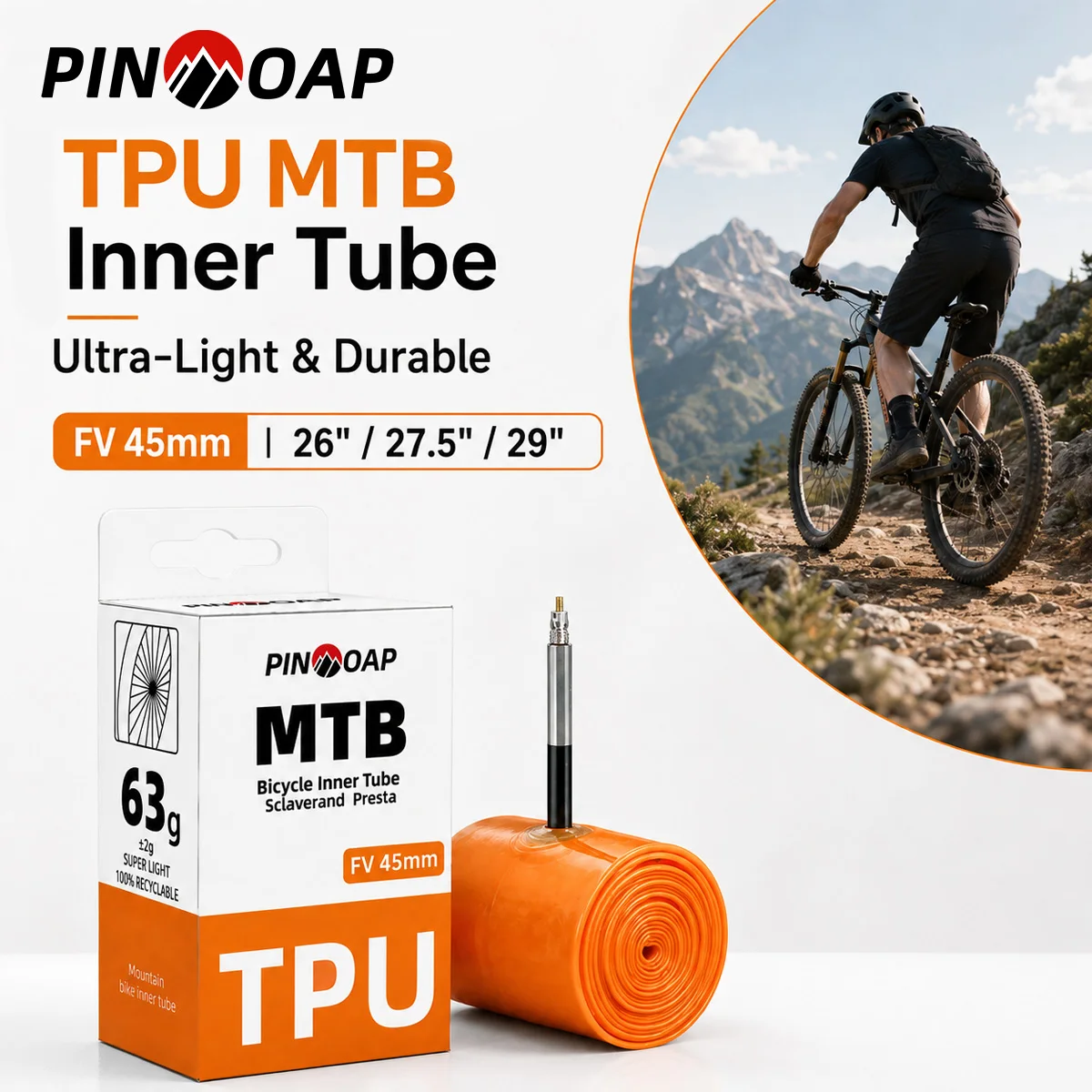 PINMOAP TPU MTB Inner Tube 26 27.5 29 Inch Bicycle Tube FV45mm Presta Valve Ultra Lightweight Puncture Resistant