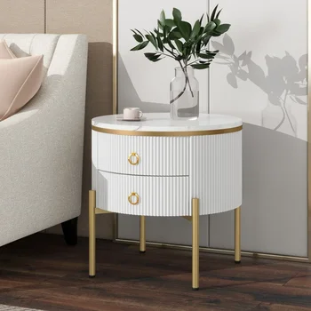 Image End Table with Storage Drawers, Fluted Nightstand with Faux Marble Tabletop, White, Modern Coffee Table for Living Room