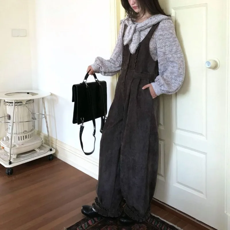 Gray coffee autumn and winter chenille thick trousers college style ancient and versatile women's wide-leg overalls