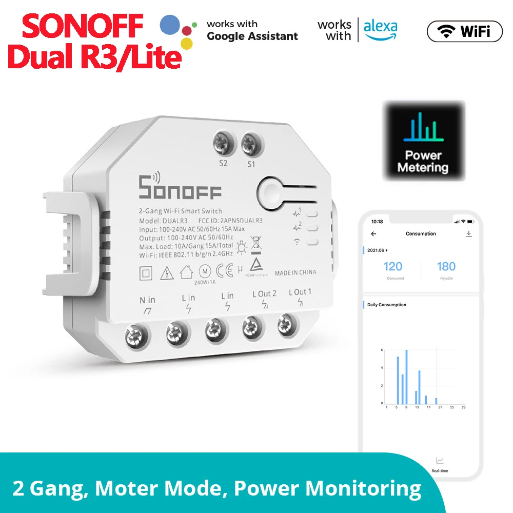 SONOFF DUAL R3/Lite 2 Gang DIY MINI Smart Switch Dual Relay Module Power Metering Electric Curtains, Roller Blinds Smart Control