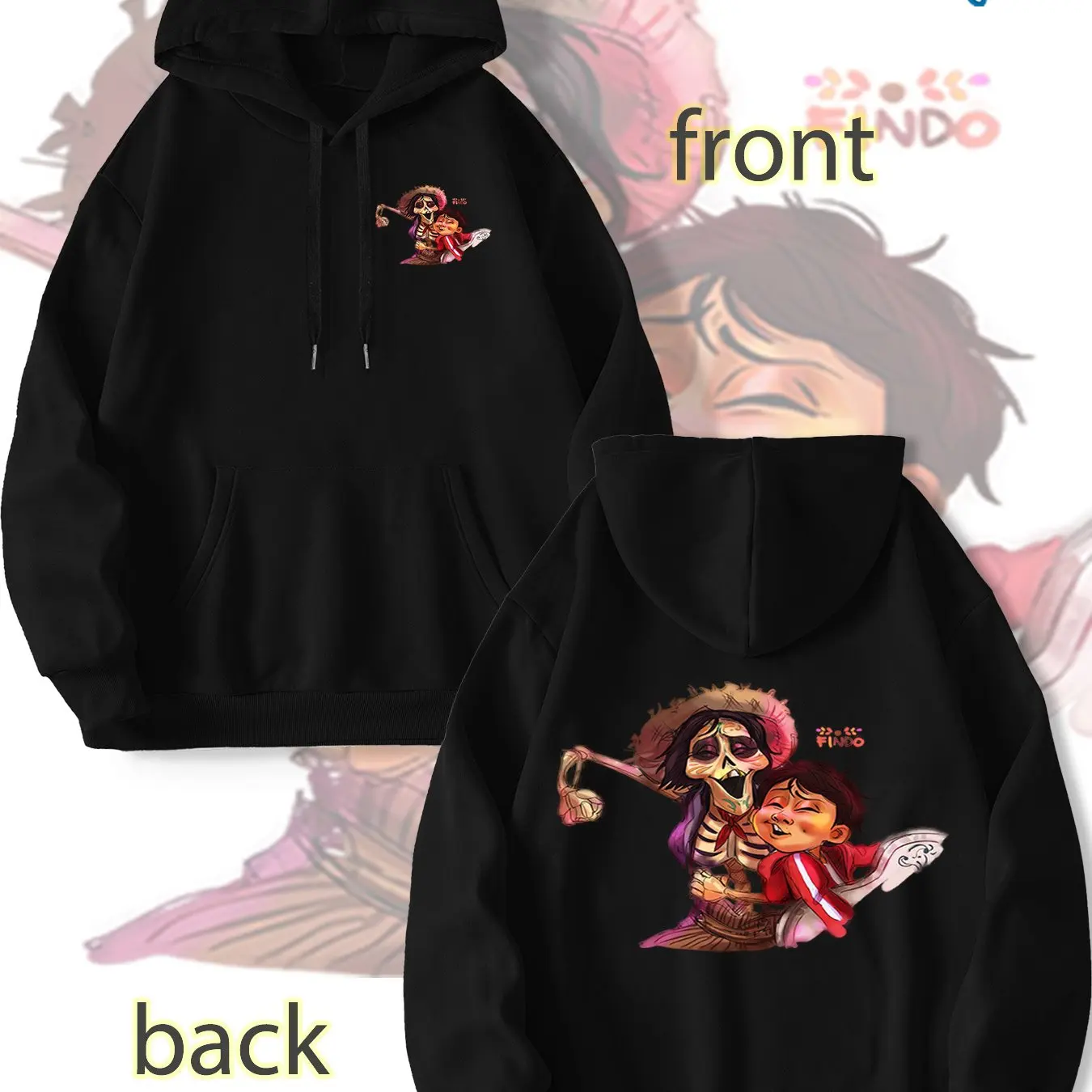 سويت شيرت بقلنسوة للزوجين من أزياء ديزني مع مطبوعات كرتونية كوكو على كلا الجانبين. هوديي عالي الجودة ومريح وغير رسمي.