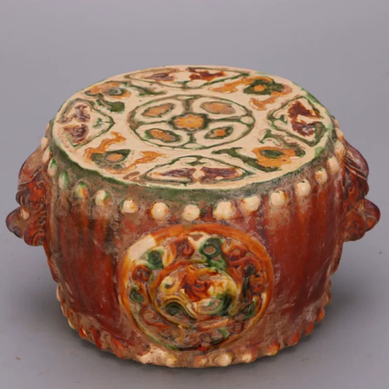 Antique porcelain Tang sancai color painted divine beast patterned drum home desktop decoration folk art collection crafts