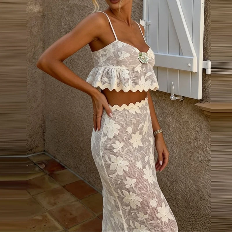 

Элегантный комплект: топ с открытыми плечами и длинная юбка, с вырезами на спине, пляжный наряд, с цветочной вышивкой, приталенный, для женщин, для вечеринок