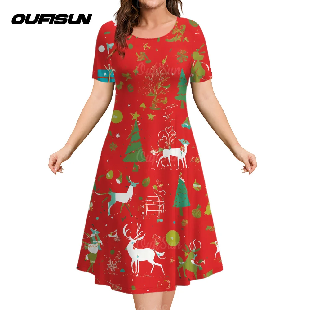 Women's Red Elk Deer Short Sleeves Dress Christmas Animal Print Summer Round Neck Clothing Fashion Casual Party Elegant Dresses