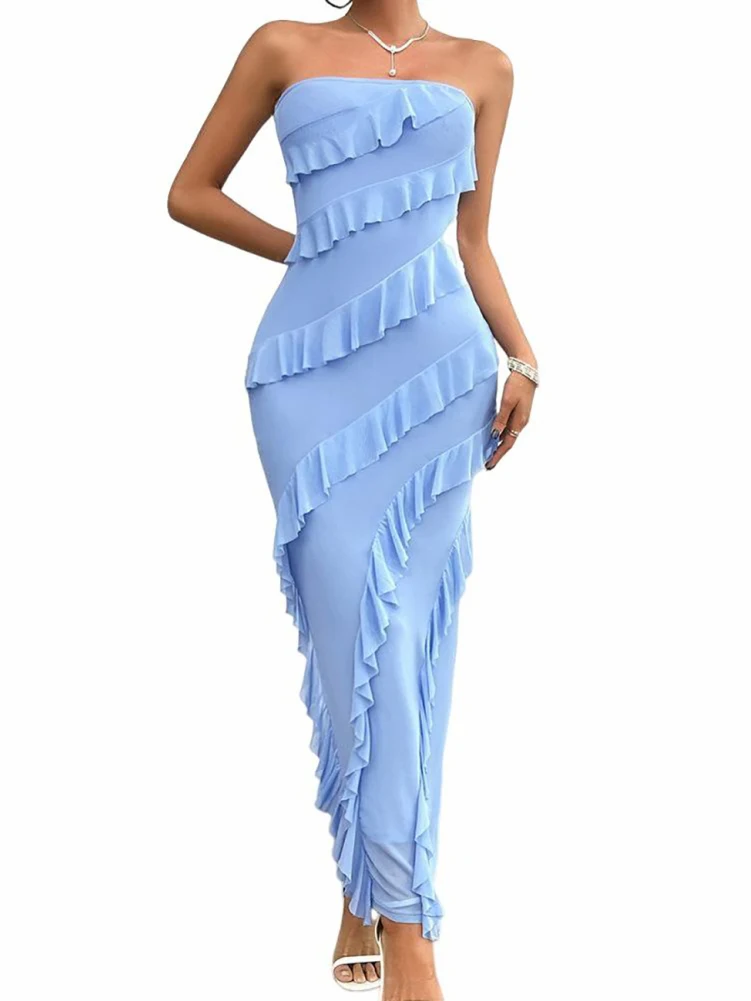 

Women's Summer Bodycon Dress Casual Strapless Solid Color Long Dress Elegant Party Ruffled Maxi Tube Dress Female Clothing