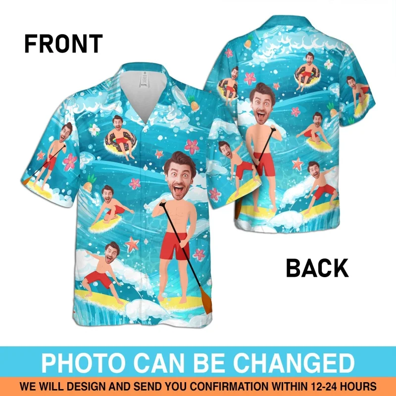 

Customized Portrait Graphic Hawaiian Shirt For Men Surfing 3D Print Short Sleeve Summer Loose Street Aloha Shirts Lapel Blouses