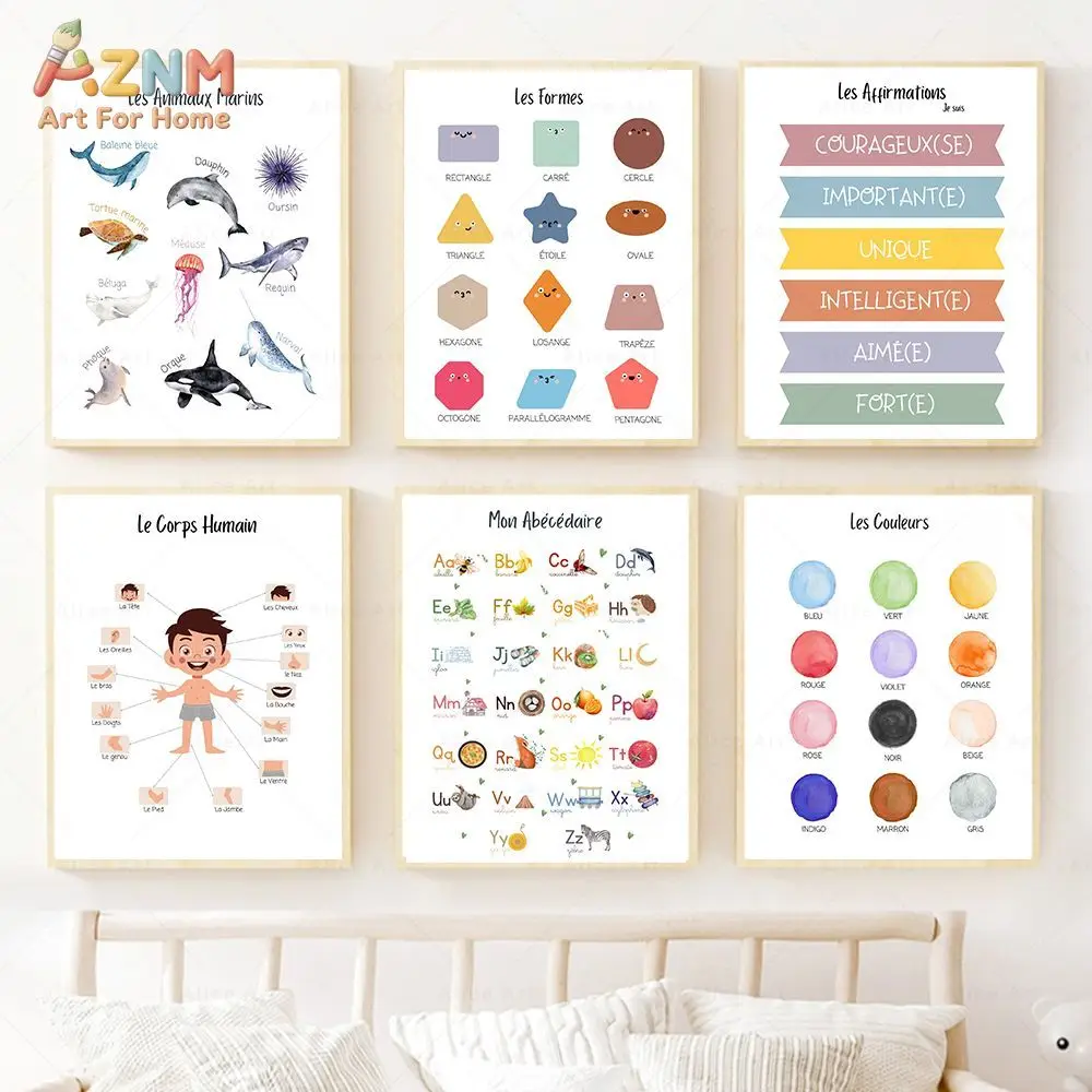 AZNM French Educational Canvas Wall Art Kids Learning Alphabet Shapes Colors Body Sea Animal Positive Affirmation Print Frameles