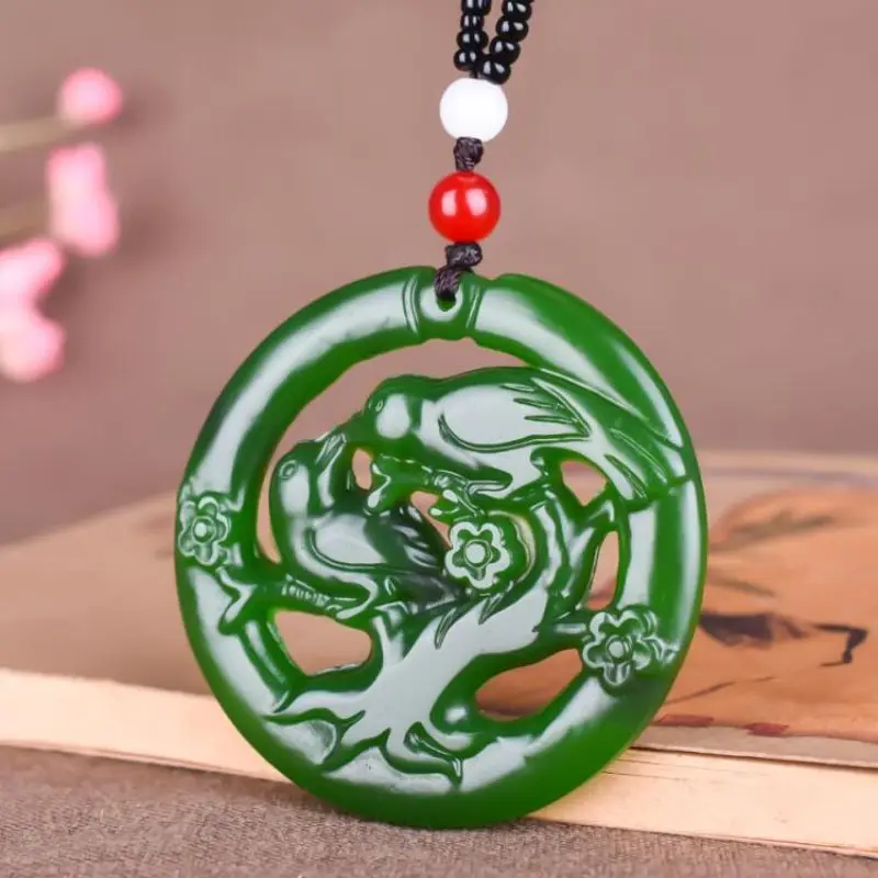 Imitation Hetian Jade Double-Sided Hollow Jade Pendant Spinach Green Green Magpie Jade Necklace Pendant