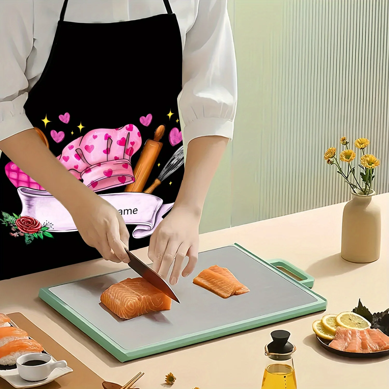 1pc Custom Text Personalized Apron - Pink Chef Theme with Kitchen Utensils, Hearts & Stars Print, Durable Polyester Sleeveless - view 6