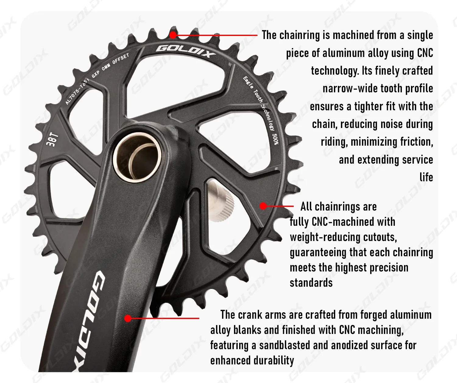 GOLDIX 3-Bolzen-Direktmontage MTB-Kurbelgarnitur 165/170/175mm Geschmiedete Legierung Hochfester Kurbelarm Schmal-Breit-Kettenblatt für MTB-Fahrrad – Detail 6