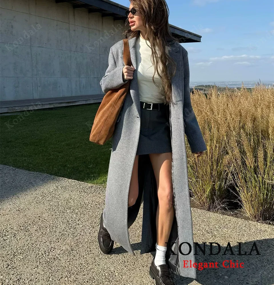 

KONDALA Women Fall Elegant Long Coat Blended Lapel Buttons Lined Coat 2025 Fashion Autumn Winter High Street Commute Lady Coat