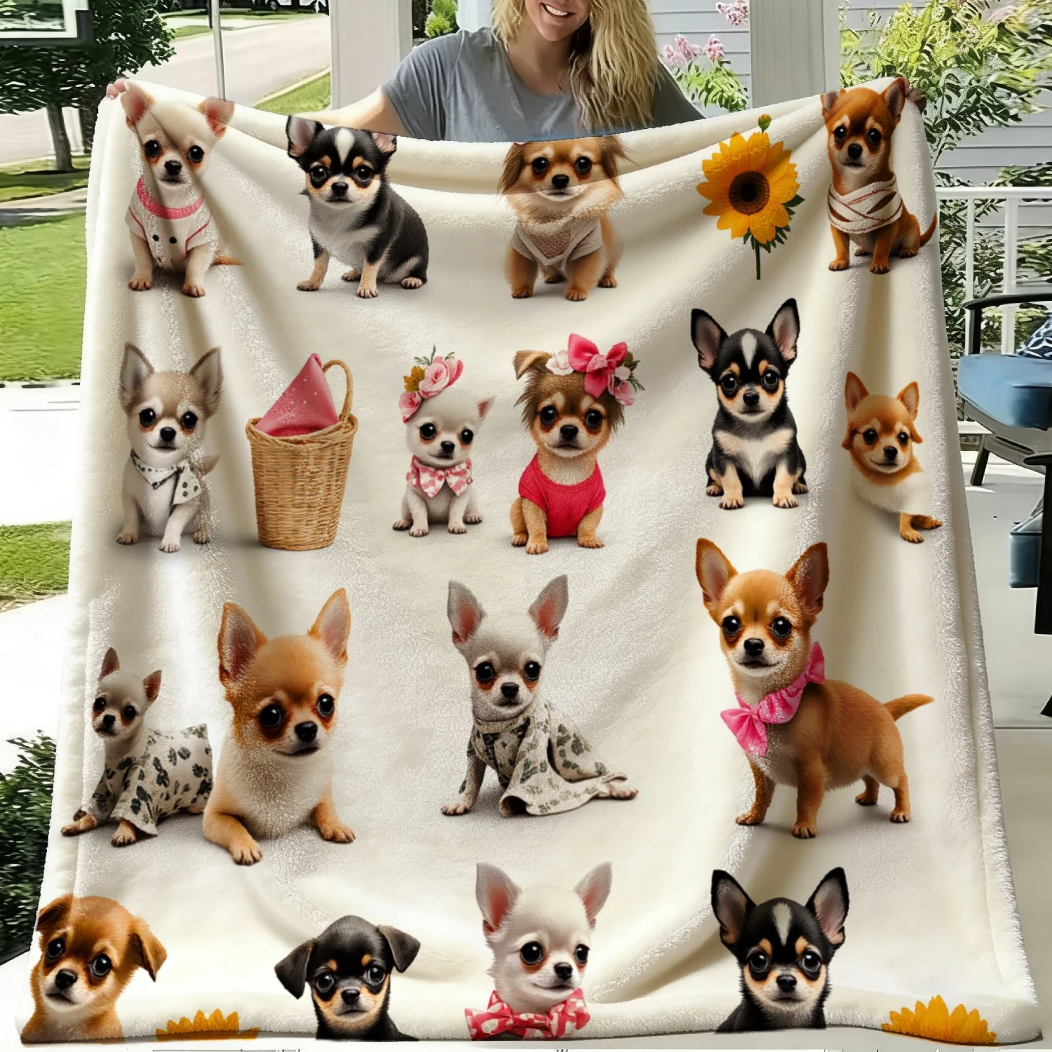 Retro Chihuahua Collage Print Throw Blanket, Soft Cozy Blanket for Sofa Bed Office, Cute Dog Lover Gift