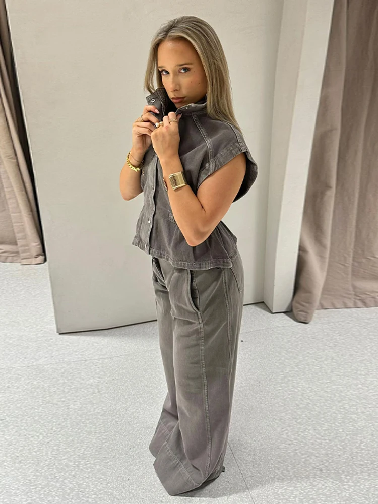 Damen-Hosenanzüge Denim Rollkragen Ärmellose Taillenbetonte Weste Hochgeschnittene Weite Hose Schicke Damen-Outfits Neue Partykleidung – Detail 11