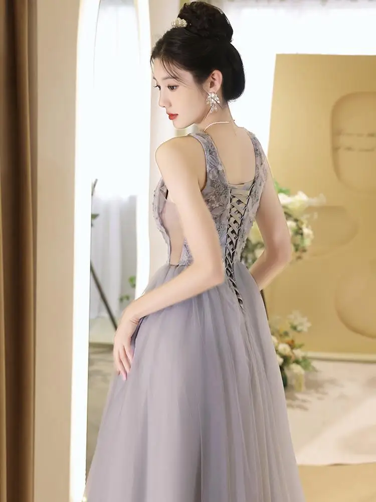 Light Gray Sexy V-Neck Sleeveless Back Bandage Floor-Length A-Line Evening Dresses Women Formal Party Gown Vestidos