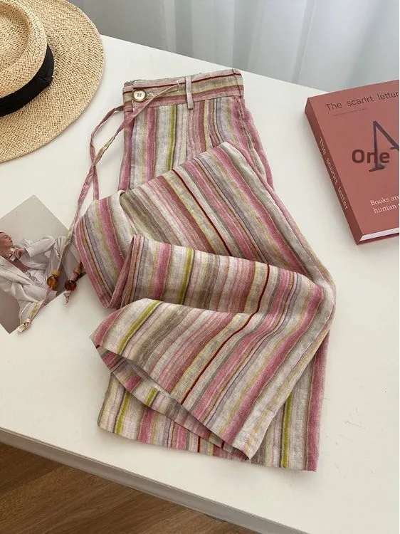 

Casual Stripe Wide Leg Pants Women's Summer Loose Fit Straight Cut Trousers Pink Color Brand Withdrawal Ladies Premium