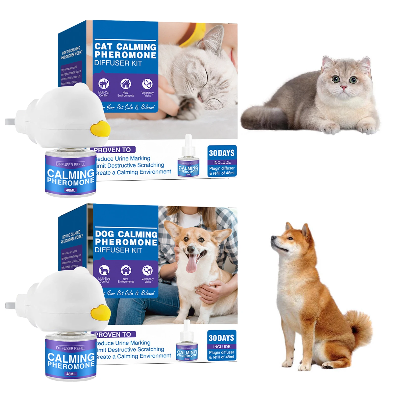 Difusor Calmante para Perros y Gatos de 48 ml, Difusor de Feromonas Calmantes Mejorado para Mantener a los Gatos Seguros y Felices, Enchufe Plano Estándar Americano
