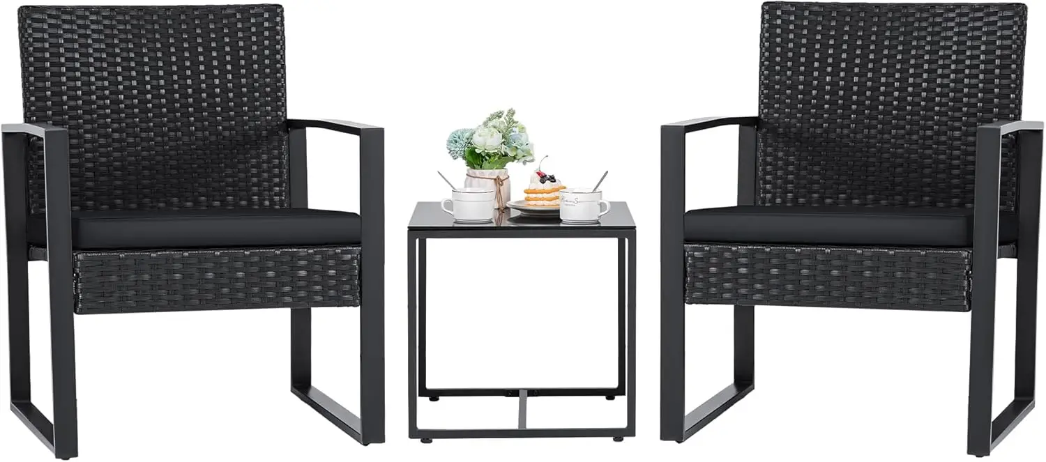 

3 Pieces Outdoor Patio Wicker Furniture Set, Modern Rattan Chair Conversation Sets with Coffee Table for Yard and Bistro (Black)