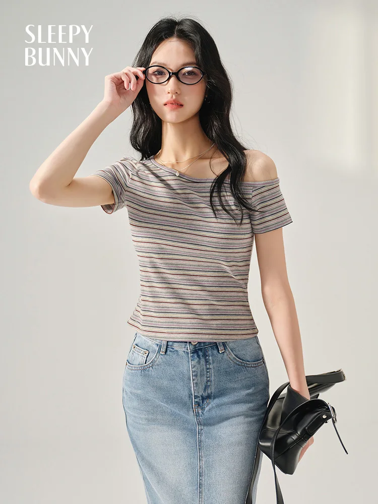 Striped One Shoulder Slim Fit T-Shirt Women Summer Short Sleeve Off Shoulder Crop Top Stretchy Sexy Tee Casual Daily Streetwear