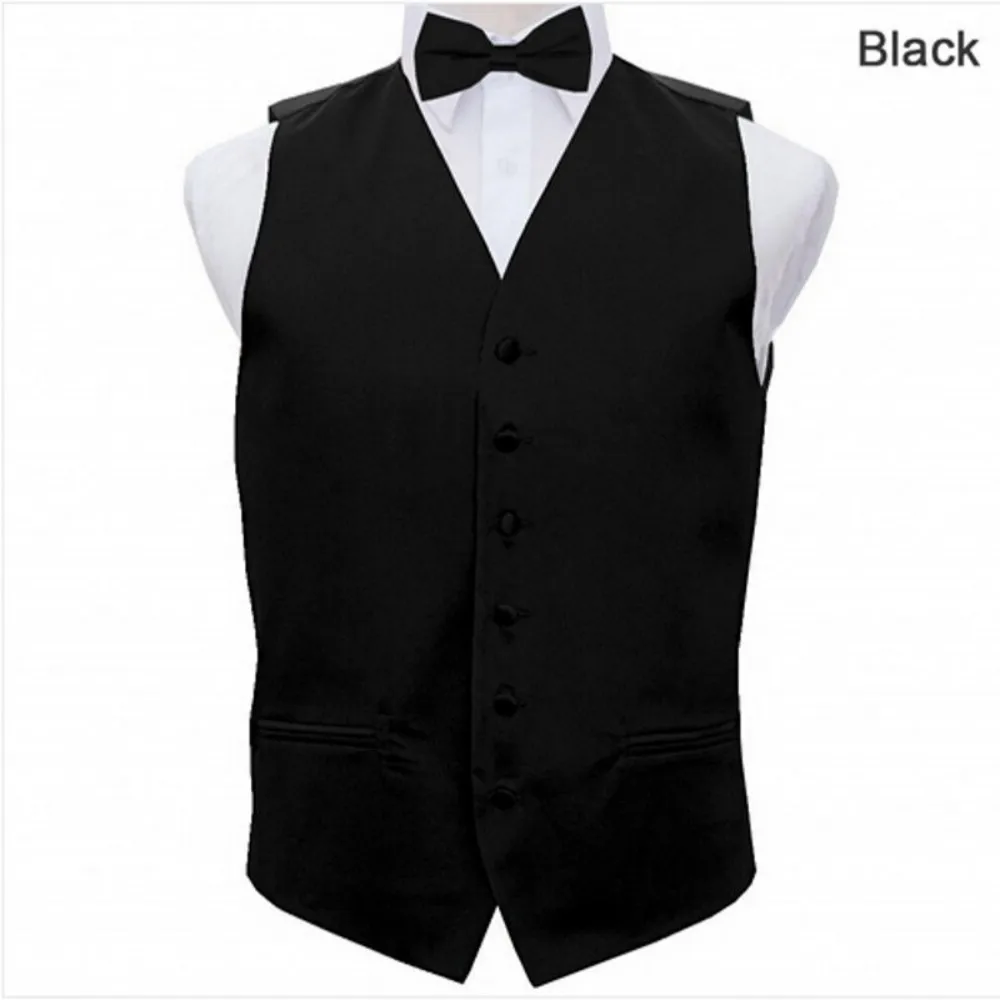 

Ikepeibao Black Men's Slim Fit Sleeveless V- Collars Vest Pre-tied Bow tie Waistcoat Match Bow Sets Party Stage Prom Male Vest