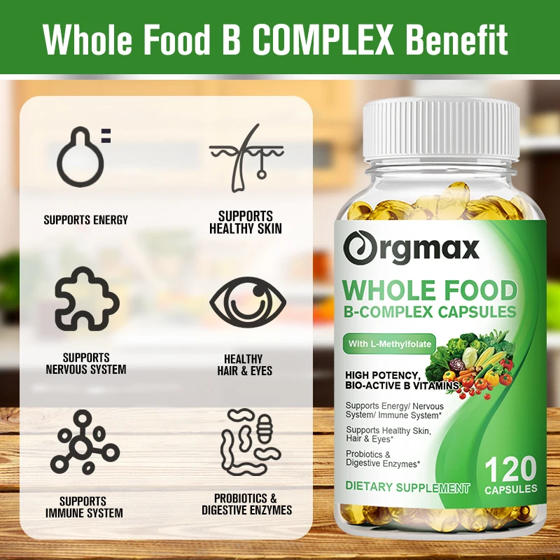 Orgmax Vitamin B Complex Capsules Whole Food Supplement B1 B2 B3 B5 B6 B7 B9 B12 Resveratrol Stress Relief Energy&Immune Support