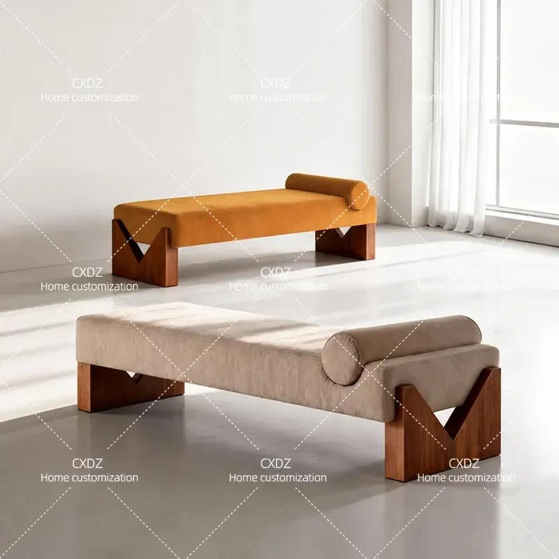 Nordic Solid Wood Shoe Changing Stool Bedroom Bedside Bench Living Room Fabric Upholstered Seat Home Leisure Chair