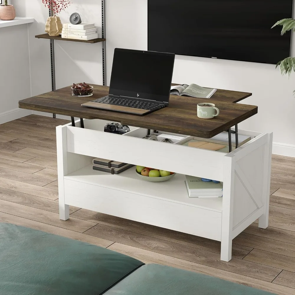 Table basse relevable avec 2 tiroirs de rangement, table basse convertible en table à manger, adaptée aux salons et aux bureaux