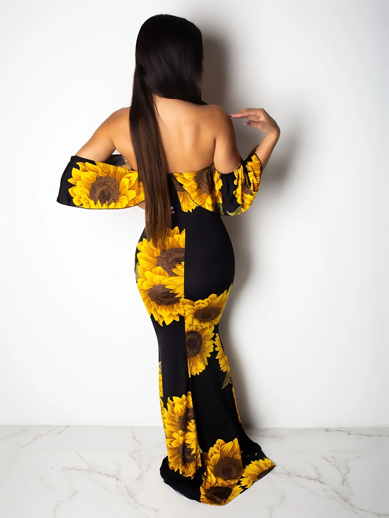 Women Rose Sunflower Floral Print Strapless Sexy Bodycon Slash Neck Off Shoulder Short Sleeve Polyester Floor Length Maxi Dress