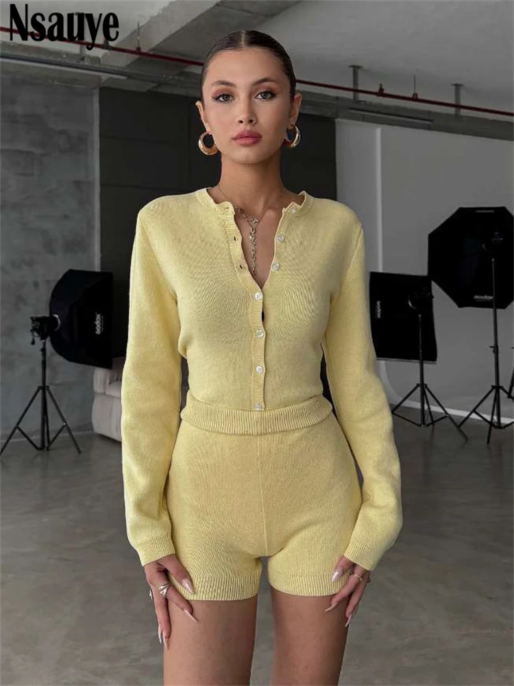 

Nsauye Casual Women Tracksuit 2025 Winter Knitted Cardigans Long Sleeve Tops Mini Biker High Waist Shorts Two Piece Set Winter