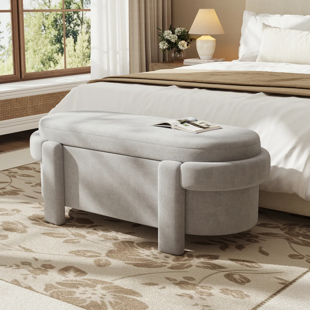 PINGGO Graue Gepolsterte Aufbewahrungsbank mit Deckel 121,5x49x44,5cm Fleece-Sitzbox für Wohnzimmer Schlafzimmer – Detail 6