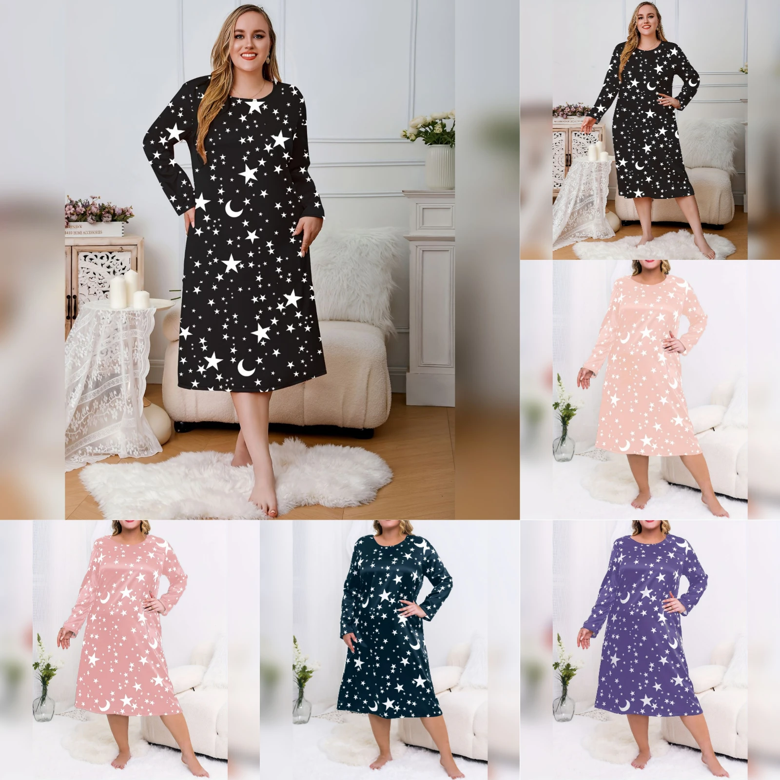 

Women Casual Fashion Dress Pajama Smooth Comfortable Long Sleeve Nightgown Female Elegant Temperament Loose Elastic Sleepwear