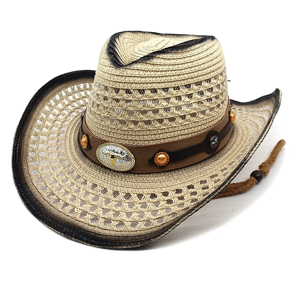 Retro zomer strohoed Western cowboyhoeden Verstelbare zomerstrandzonbescherming Zonnekap voor mannen en vrouwen Trekkoord