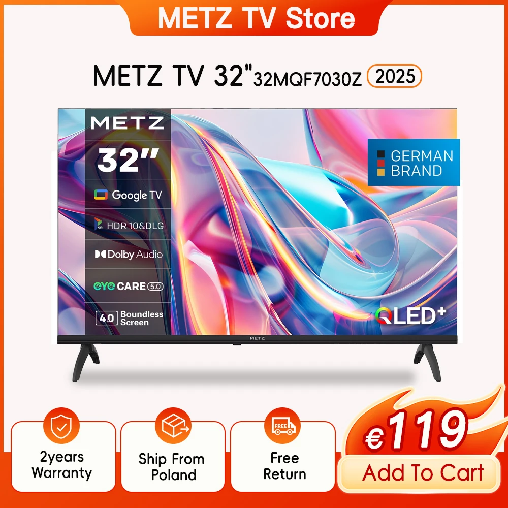 Metz QLED TV 32" 40" Inch Smart LED Television Google Tele HDR 10 Dolby Audio Bluetooth 5.1 EyeCare Tuner 2025 32MQF7030Z