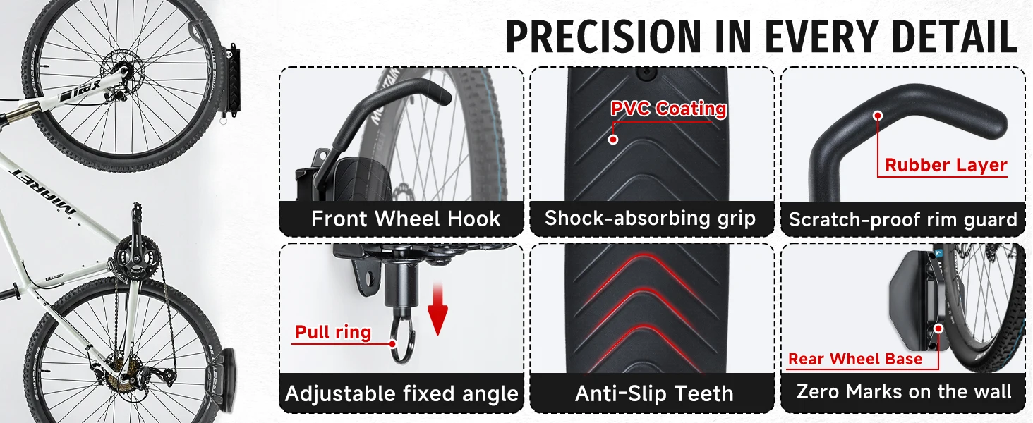 2er-Pack 150 ° Drehbarer Multifunktionaler Fahrradhalter Wandmontierte Aufbewahrungshalterung Vertikale Tragfähigkeit 66 lbs pro Halterung – Detail 2