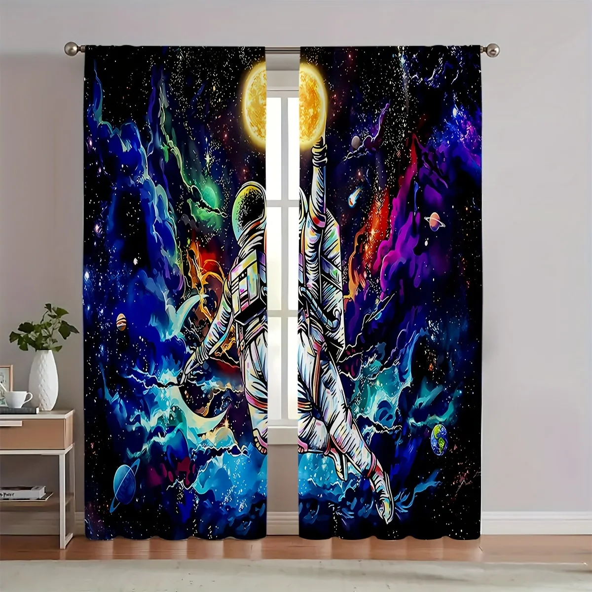 Astronaut Curtains, Galaxy Nebula Space Graphic Window Drapes, Sci-Fi Art Decor, Blackout Fabric for Boys Bedroom