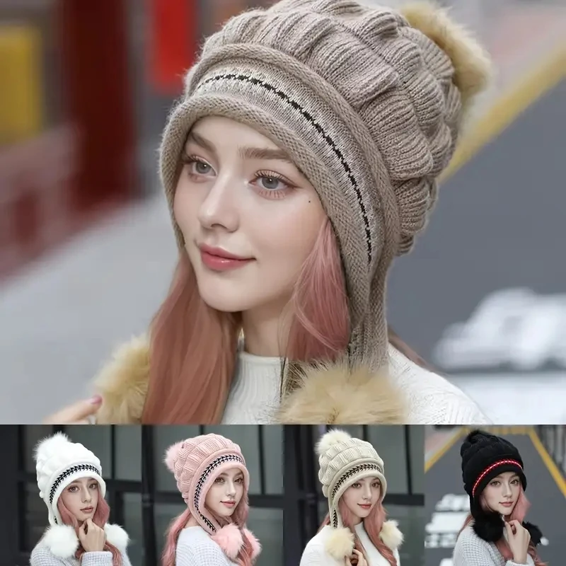 Winter Knit Hat Without Gloves Set with Ear Flaps - Cozy Fleece-Lined, Thickened Warmth for Outdoor Cycling