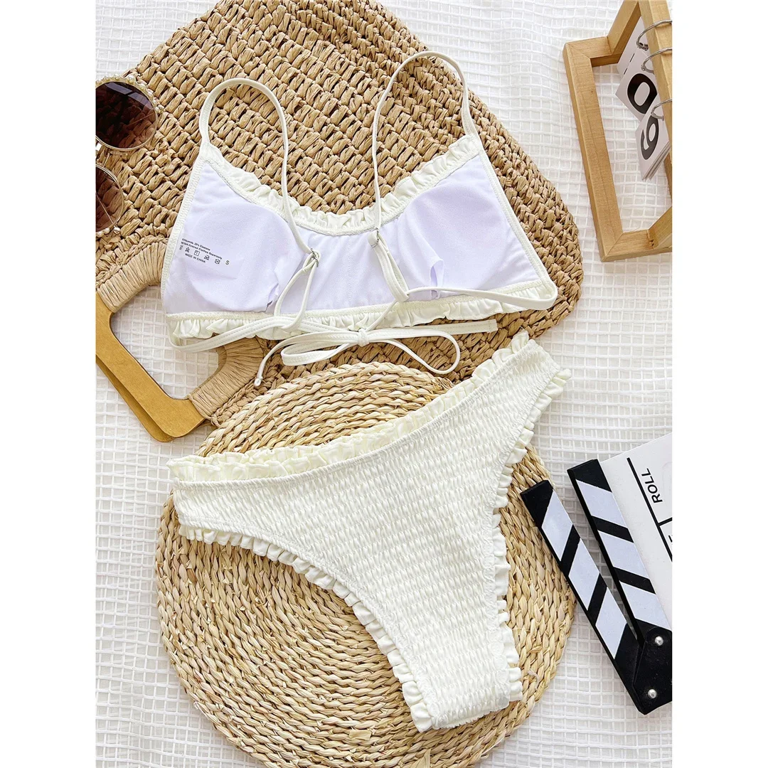 Frilled Ruffled Wrinkled Mid Waist Bikini Women Swimwear Female Swimsuit Two-pieces Bikini set Bather Bathing Suit Swim V5844