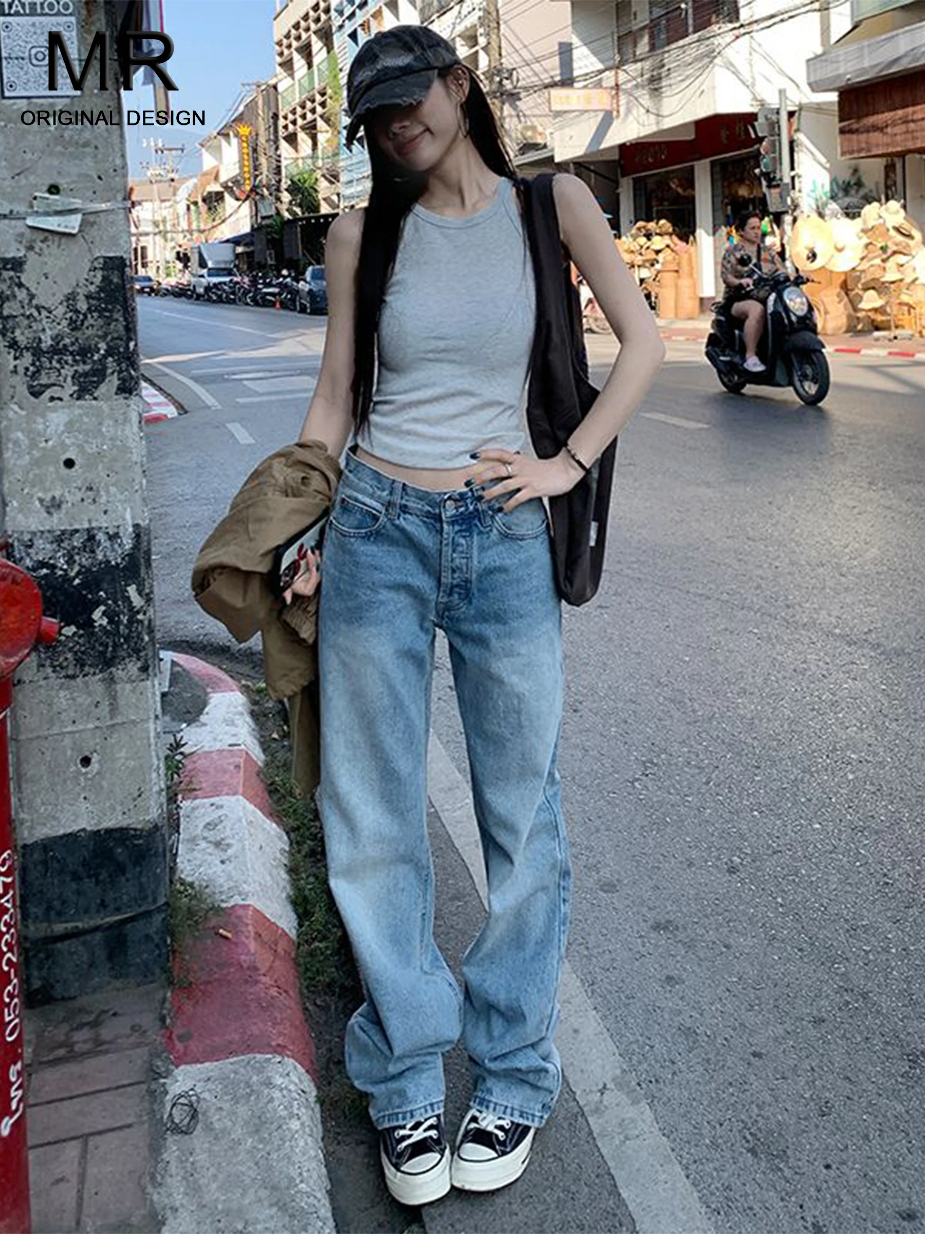 

American Retro Design Straight Leg Denim Jeans Women's Summer Hot Girl Light Blue Loose Slimming Floor-Length Pants