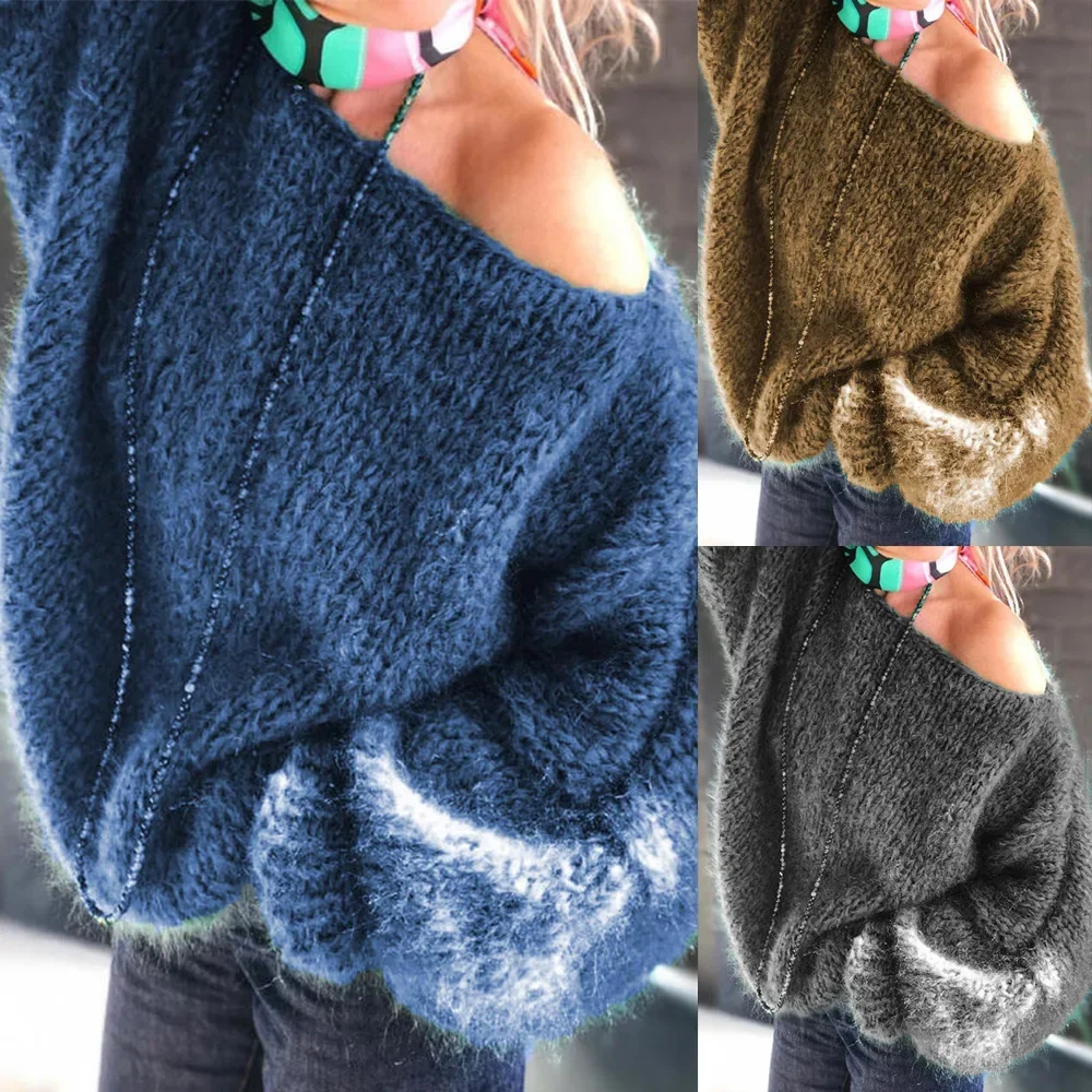 Temperament Sexy Solid Color Irregular Knitted Plush Sweater 2024 Autumn And Winter Slanted Shoulder Loose Fashion Bat Sleeve Sw