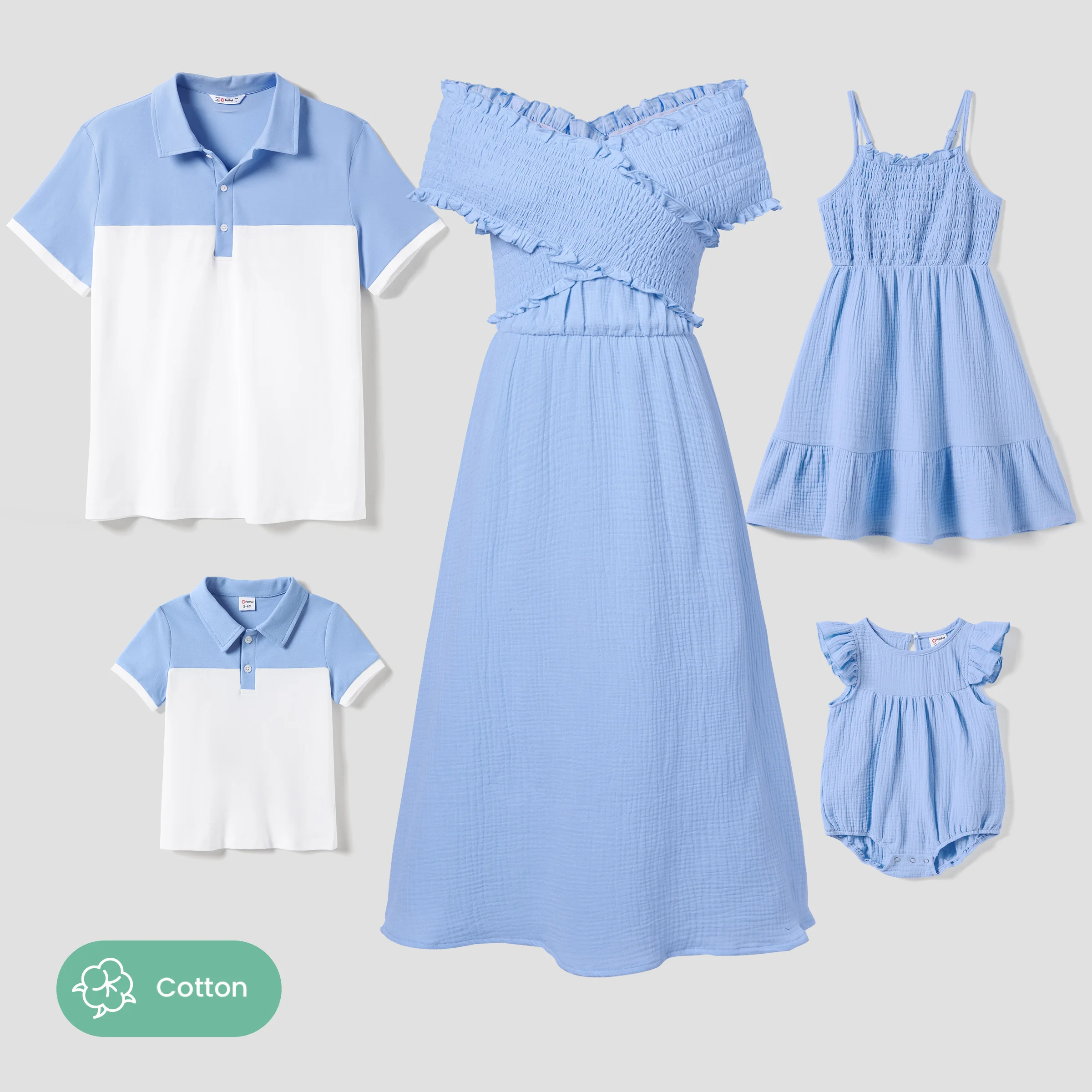 

PatPat Family Matching Colorblock Polo Shirt and Shirred Cross Front Bodice Off-Shoulder Dress Sets