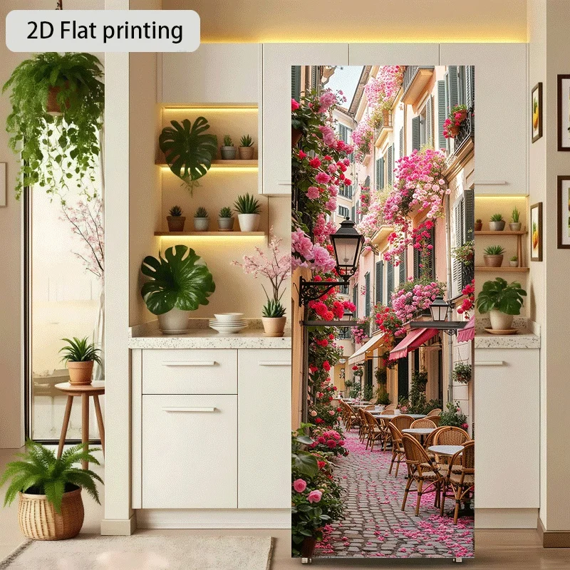 Refrigerator Sticker Flower Alley Warm Sun Leisure Theme Design Wall Sticker Decorative Wallpaper Self-Adhesive Suitable for C