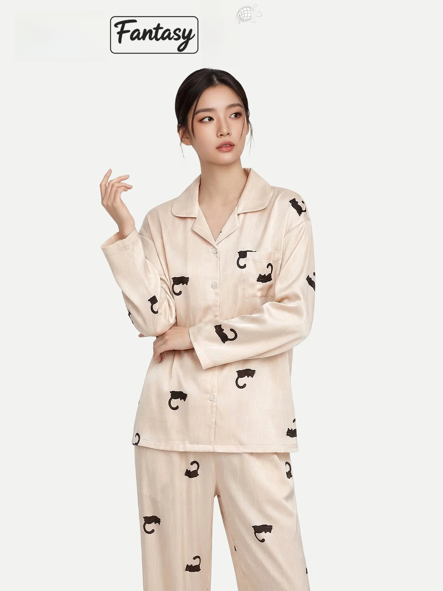 PinkBread Wave Flower  Women's Silk Long Sleeve Sleepwear Cool Sensation Home Clothes Spring Summer Outdoors Wearable