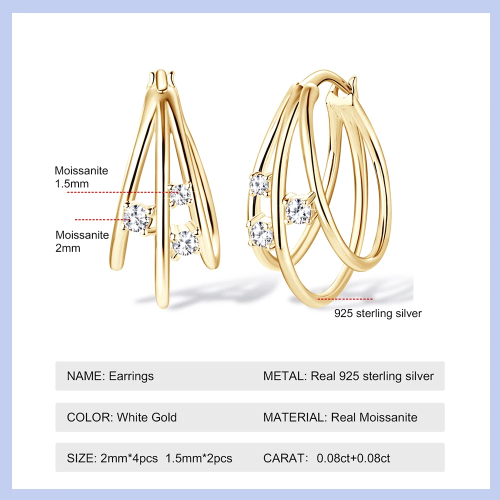 925 Sterling Silver Earring 2.0mm Moissanite Hoop Earrings  For Women Girl 2023 New Statement Gold Plated Ear Fine Jewelry Gift